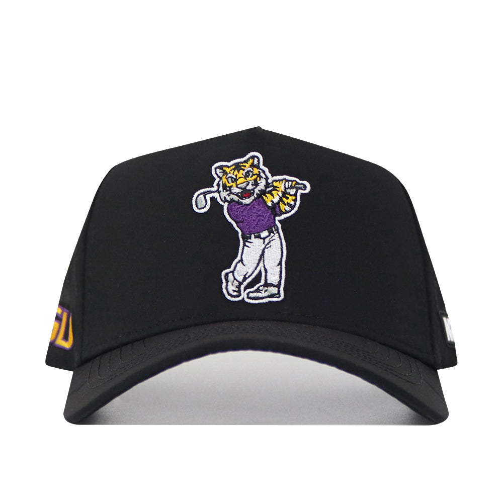 The No Rivals LSU Golf Hat - Swinging - Black is a black baseball cap featuring an embroidered cartoon tiger swinging a golf club in a purple shirt and gray pants, complete with an embroidered logo—perfect for your Gameday Fit.