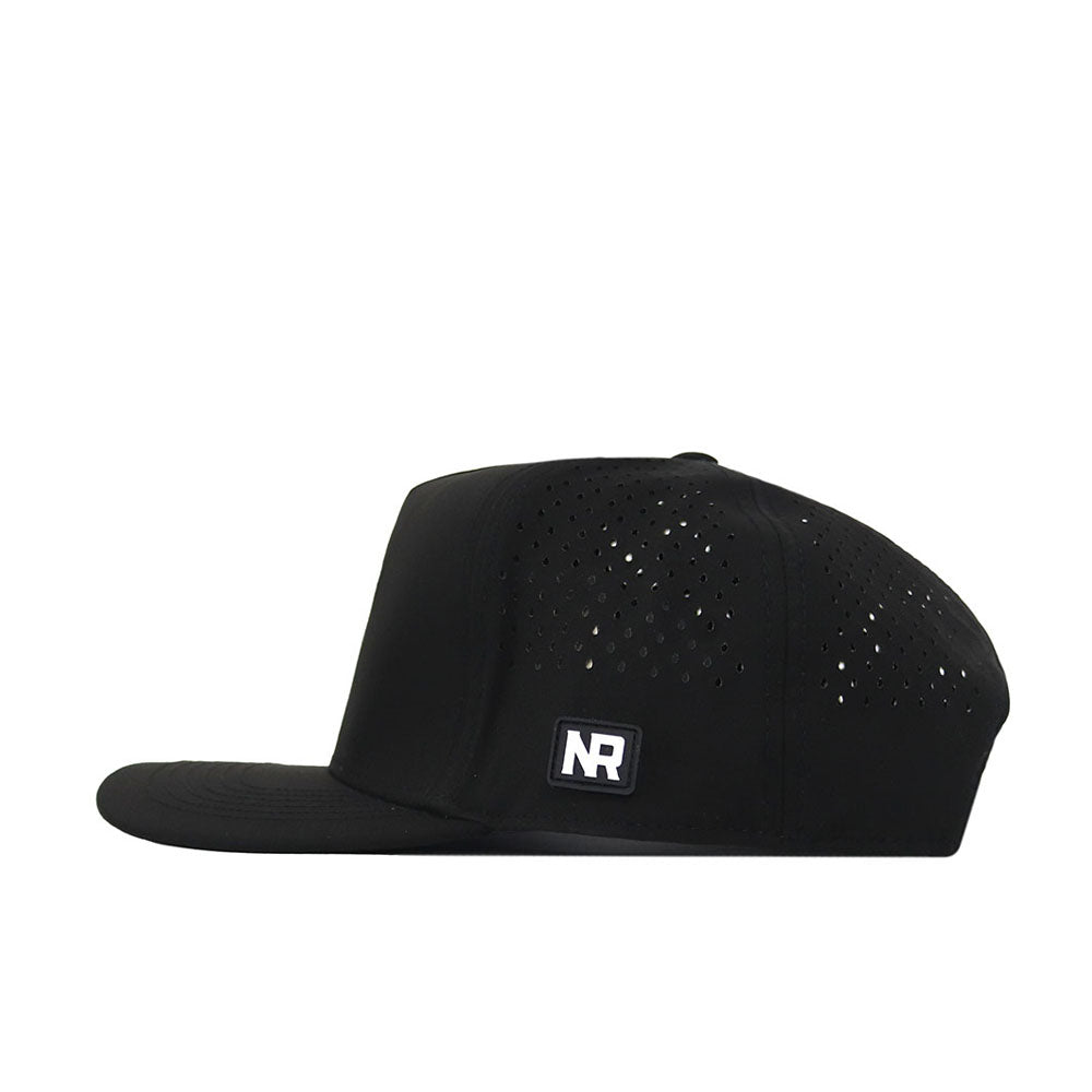 Introducing the No Rivals LSU Golf Hat - Swinging in Black: a flat-brimmed snapback cap designed with sleek black fabric and subtle side perforations for breathability. Showcasing a bold, white embroidered NR logo patch on the front left panel, this hat is displayed from a side view against a crisp white background—perfect to complete your next gameday fit.