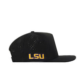 Elevate your gameday look with the No Rivals LSU Golf Hat - Swinging in black, featuring small ventilation holes and "LSU" embroidered in purple and yellow on the side.