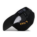 The image features the No Rivals LSU Golf Hat - Swinging in black, highlighting the interior and underside of the brim. A yellow embroidered LSU logo accents the side, while its stylish snapback design makes it an ideal choice for gameday.
