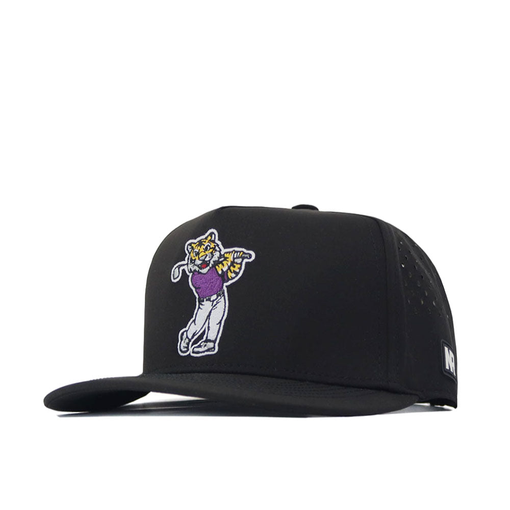 The No Rivals LSU Golf Hat - Swinging - Black showcases an embroidered cartoon tiger swinging a golf club in a purple shirt on the front, paired with an eye-catching embroidered logo. Its flat-brim, snapback design ensures a comfortable and adjustable gameday fit, while vented sides and a small logo patch on the left brim add functional style.