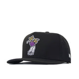 The No Rivals LSU Golf Hat - Swinging - Black showcases an embroidered cartoon tiger swinging a golf club in a purple shirt on the front, paired with an eye-catching embroidered logo. Its flat-brim, snapback design ensures a comfortable and adjustable gameday fit, while vented sides and a small logo patch on the left brim add functional style.