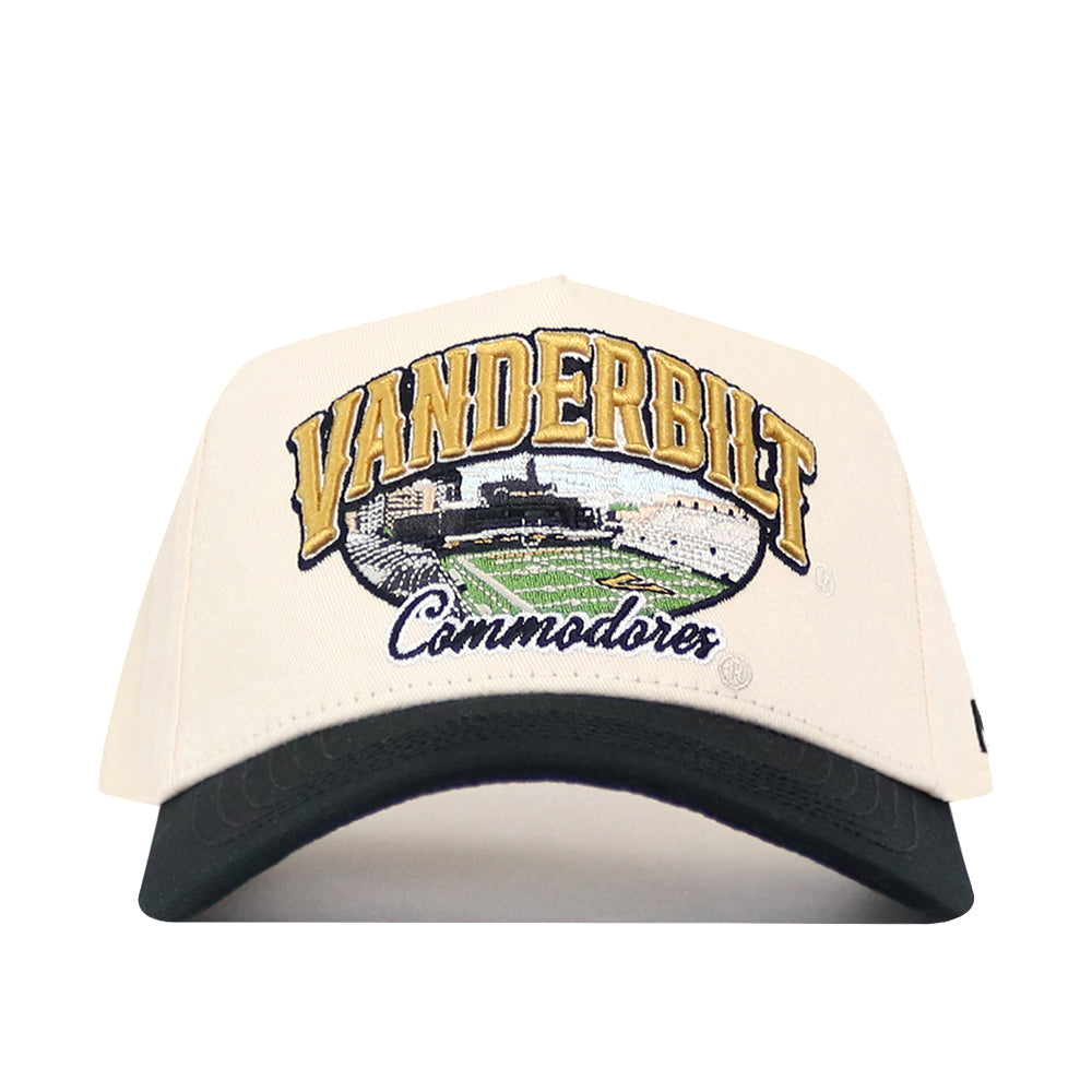 No Rivals Vanderbilt Stadium Hat in cream with a black brim, featuring an embroidered stadium graphic and the words Vanderbilt Commodores across the front.