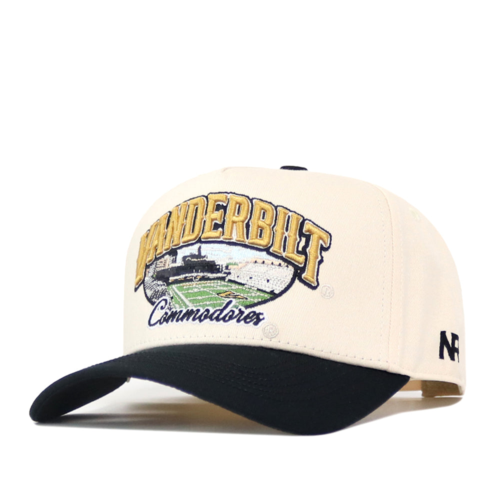 Cream-colored No Rivals Vanderbilt Stadium Hat with a black brim, featuring an embroidered graphic of a stadium and the text Vanderbilt Commodores on the front.