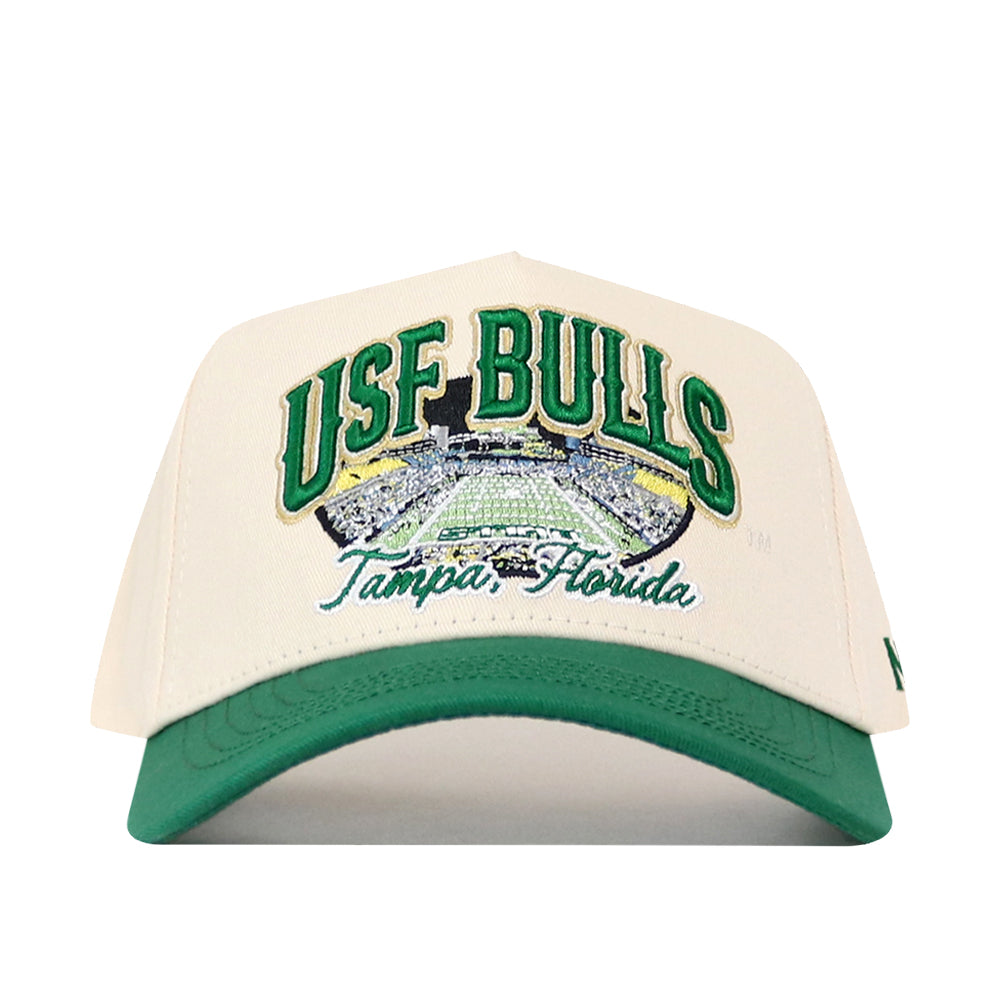 Cream and green USF Stadium Hat featuring an officially licensed embroidered graphic of a stadium with the text USF BULLS and Tampa, Florida.