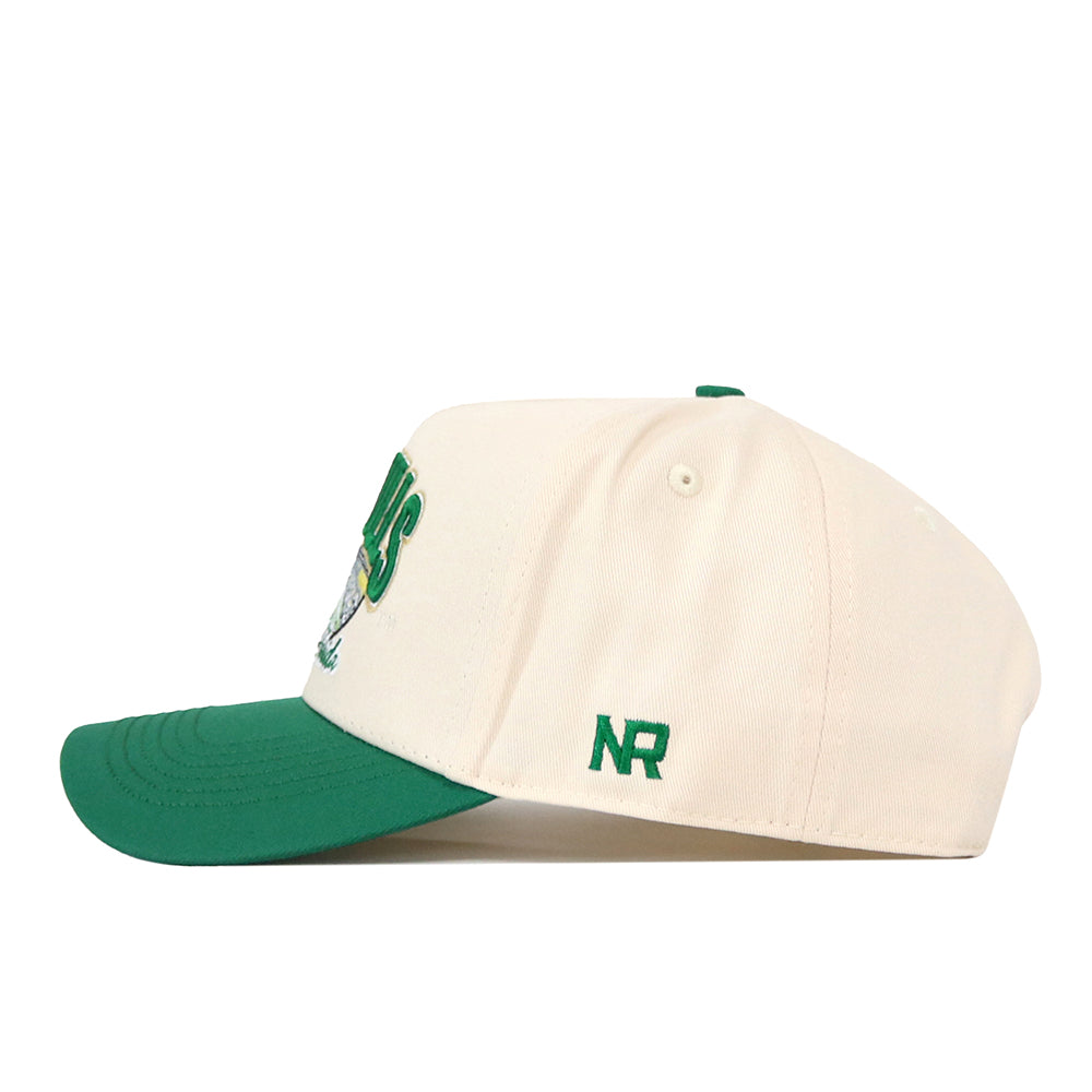 Cream USF Stadium Hat snapback with a green brim, featuring an embroidered green NR logo on the side and a partial view of a green and white graphic on the front.