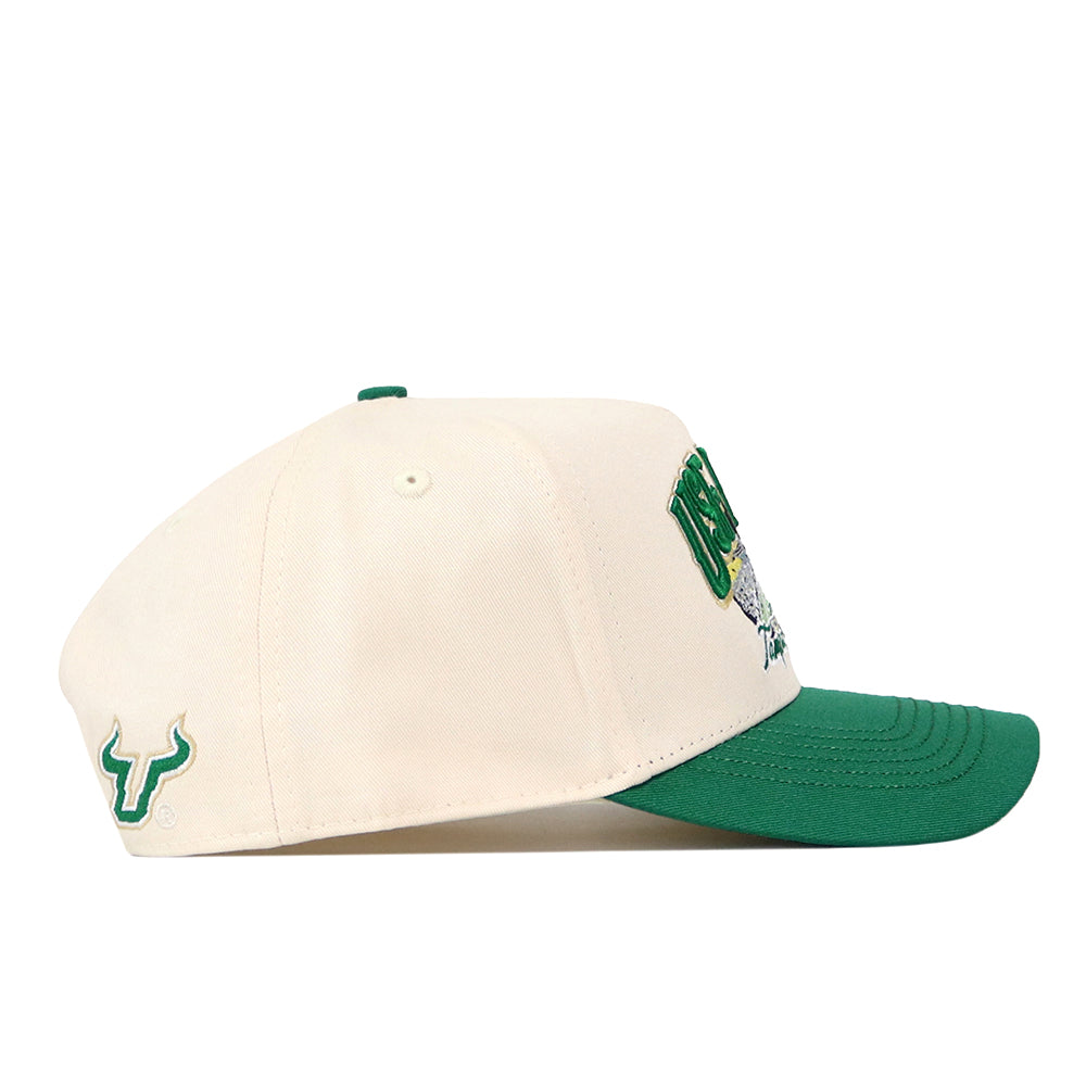 No Rivals USF Stadium Hat, an off-white snapback with a green brim, featuring an embroidered green bull logo on the side and a collegiate-style graphic patch on the front.