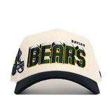 The No Rivals Baylor Alma Mater Hat is a white snapback featuring "BEARS" in bold green and yellow letters with "BAYLOR" above, plus part of a football helmet graphic on the left. This structured fit cap is made from high-quality cotton.