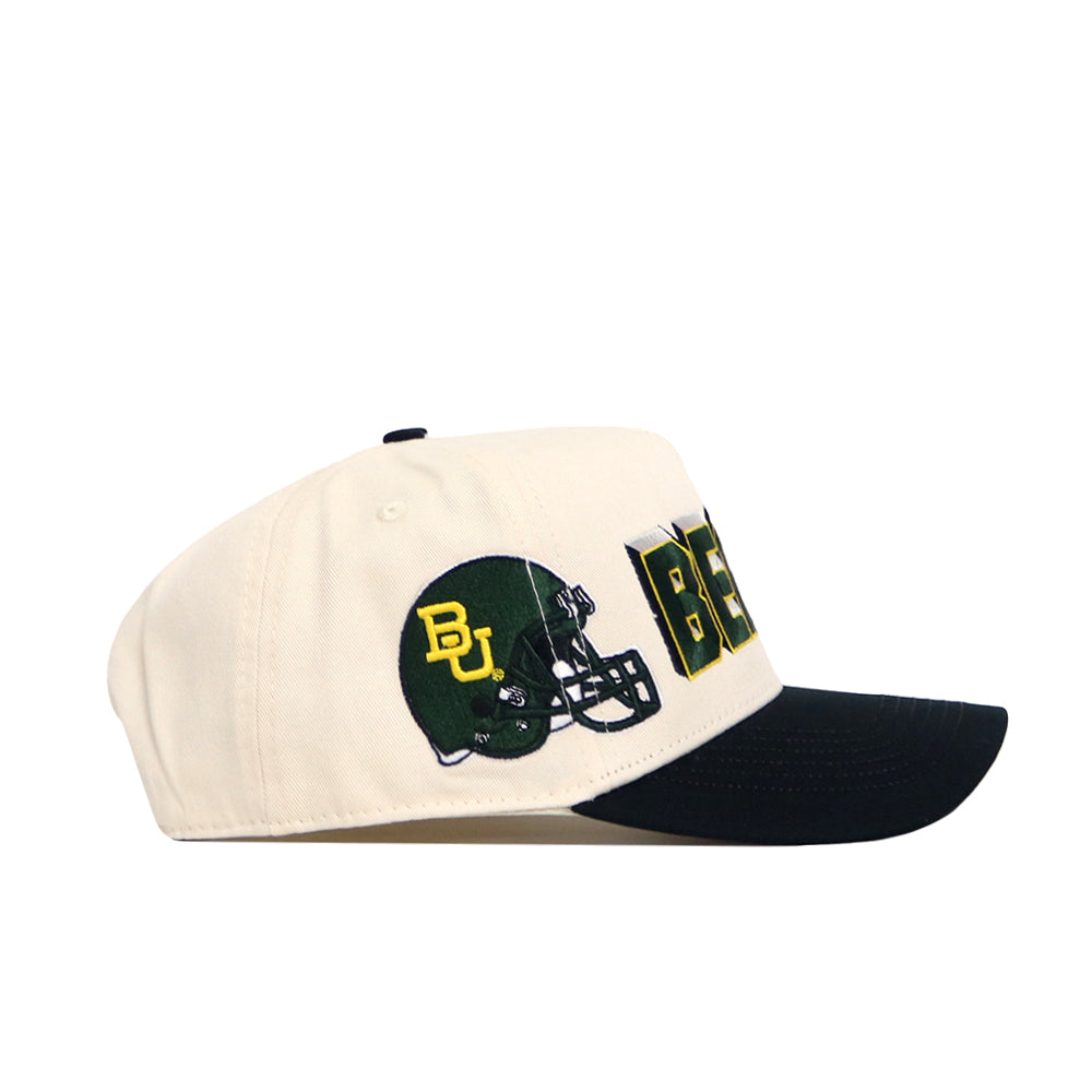 The No Rivals Baylor Alma Mater Hat is a white snapback with black brim, featuring a green Baylor football helmet and bold yellow "BEA" on the side, made from high-quality cotton for a structured fit.
