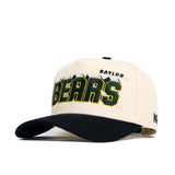 The Baylor Alma Mater Hat by No Rivals is a beige snap-back baseball cap with a black brim, featuring "BEARS" in large green and yellow letters and "BAYLOR" above, embroidered on the front for lasting comfort with a structured fit.