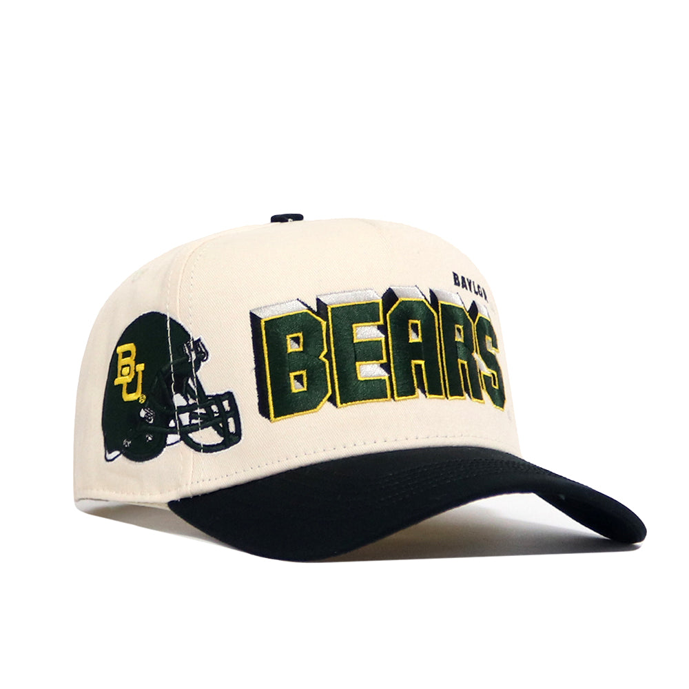 The Baylor Alma Mater Hat by No Rivals is a structured white and black snapback featuring a Baylor football helmet graphic and bold green and gold BEARS lettering across the front.
