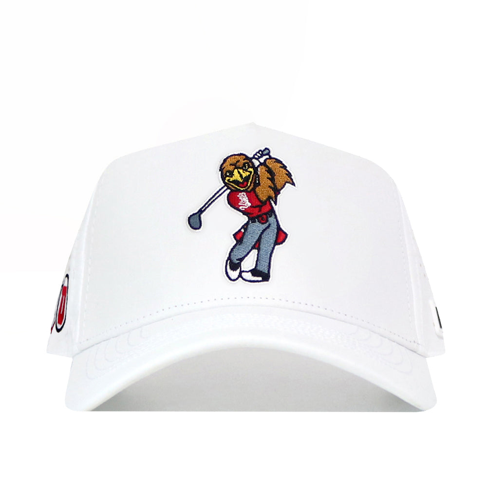 The No Rivals Utah Golf Hat - White features an embroidered cartoon bear in a red jacket holding a golf club on the front.