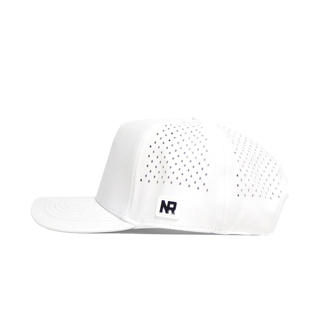 The No Rivals Utah Golf Hat - White is a structured, flat-brim snapback with side perforations for ventilation and features a black NR logo patch on the lower side.