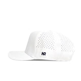 The No Rivals Utah Golf Hat - White is a structured, flat-brim snapback with side perforations for ventilation and features a black NR logo patch on the lower side.