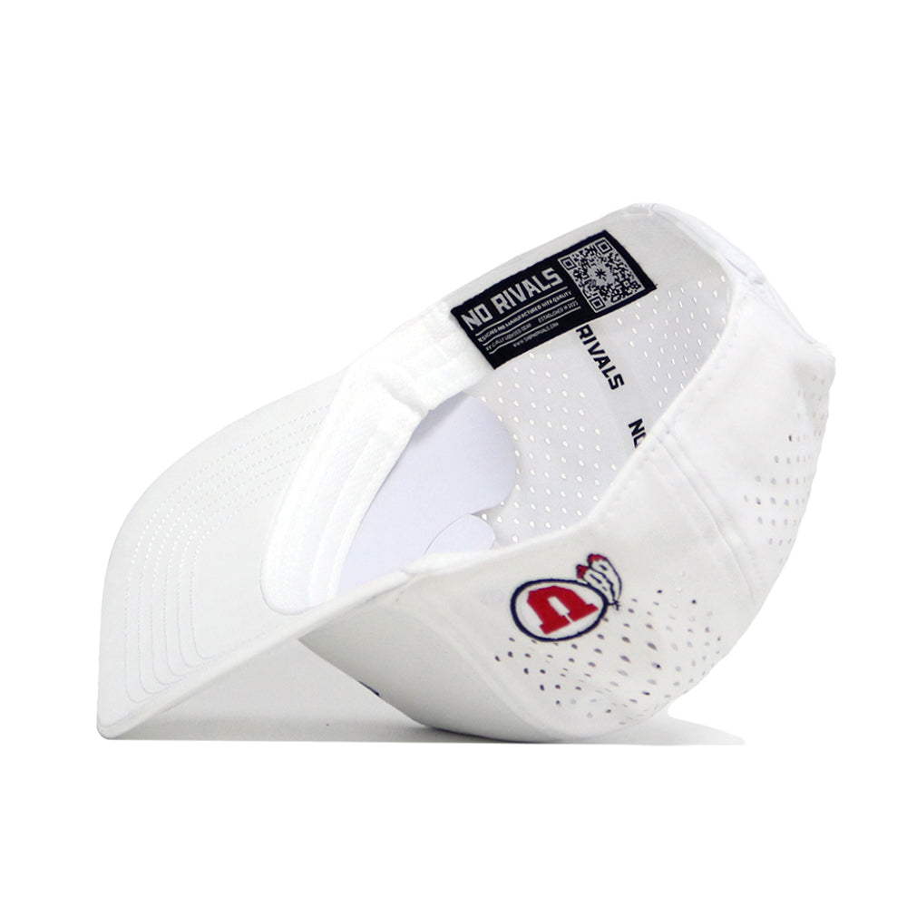 The Utah Golf Hat - White by No Rivals features a structured design, interior NO RIVALS label, and red-and-white embroidered crown logo—ideal for golf or as a standout snapback in your collection.