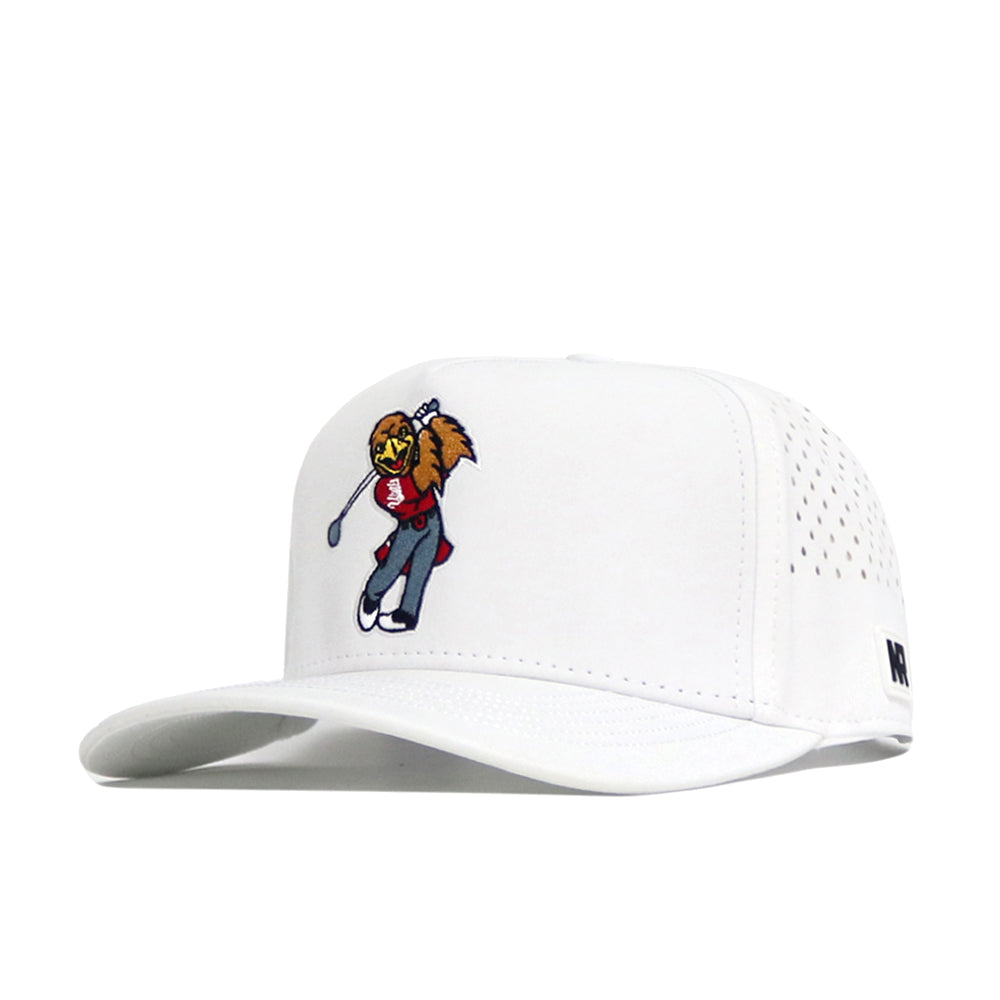 The Utah Golf Hat - White by No Rivals features a cartoon lion in red golfing, swinging a club, embroidered on the front. It has ventilation holes on the sides and an adjustable snap back closure.