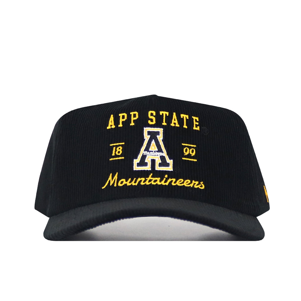 The No Rivals App State Vintage Cord Hat - Black features "App State" in yellow, a large A, 1899, and Mountaineers embroidered on the unstructured front, showing your Appalachian State University pride.