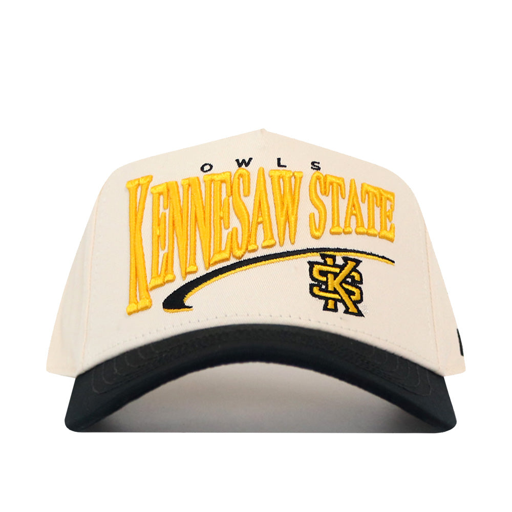 The No Rivals Kennesaw State Stride Hat is a white and black snapback baseball cap featuring “Kennesaw State” and “Owls” embroidered in yellow and black, along with the officially licensed KSU logo on the front.