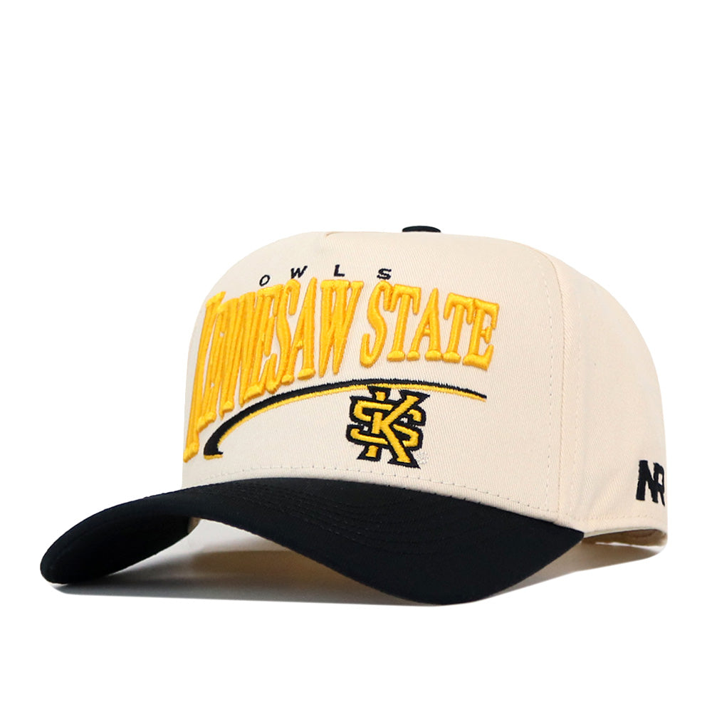 The No Rivals Kennesaw State Stride Hat is a cream and black snapback baseball cap featuring “Kennesaw State” and “Owls” embroidered in yellow and black, along with an officially licensed Kennesaw State University logo on the front.