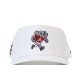 The Alabama Crimson Tide Football Mascot Hat - White by No Rivals features an embroidered cartoon elephant wearing a red football jersey and holding a football, with the letter A displayed on the sleeve and side to represent Alabama Crimson Tide. This white snapback hat offers convenient adjustment for a comfortable, customizable fit.