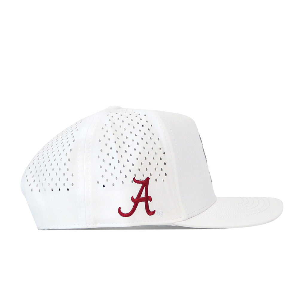 The Alabama Crimson Tide Football Mascot Hat by No Rivals features a white performance fabric with ventilation holes and a red script “A” embroidered on the side. This hat is designed with a flat brim, snapback adjustment, and is displayed in a side view against a white background.