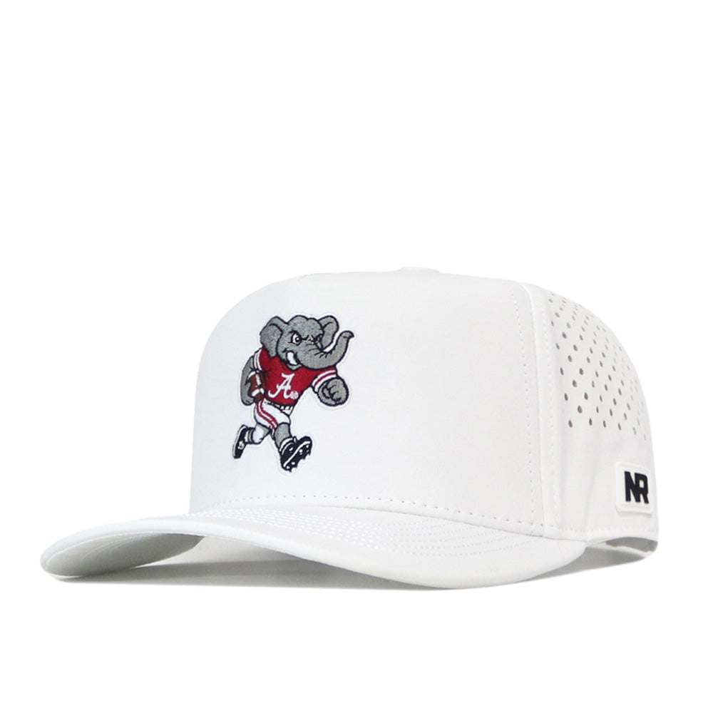 Introducing the Alabama Crimson Tide Football Mascot Hat in White by No Rivals—a performance fabric baseball cap featuring an embroidered cartoon elephant mascot in a red jersey running with a football. The hat showcases a detailed logo design on the front and an NR logo embroidered on the side panel, finished with a snap back closure for customizable comfort.