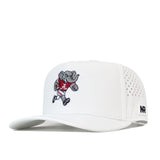 Introducing the Alabama Crimson Tide Football Mascot Hat in White by No Rivals—a performance fabric baseball cap featuring an embroidered cartoon elephant mascot in a red jersey running with a football. The hat showcases a detailed logo design on the front and an NR logo embroidered on the side panel, finished with a snap back closure for customizable comfort.