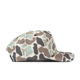 A side view of the No Rivals ECU Pirates Huntsman Hat, a 5-panel cap featuring a green, brown, beige, and black camouflage pattern and snap back closure, displayed on a white background.