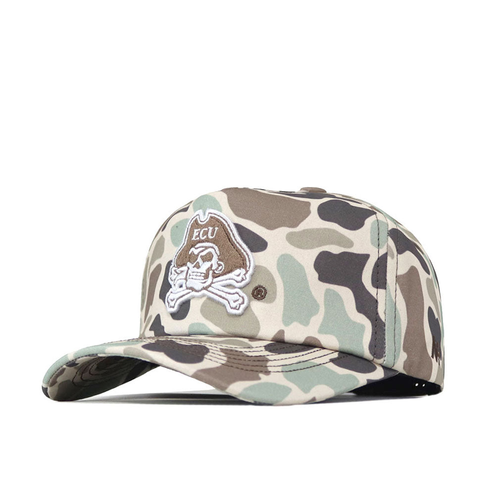 The No Rivals ECU Pirates Huntsman Hat is a stylish 5-panel baseball cap featuring an embroidered pirate skull and crossbones logo with the letters ECU on the front. Complete with a convenient snap back closure, it offers both comfort and classic camo flair.
