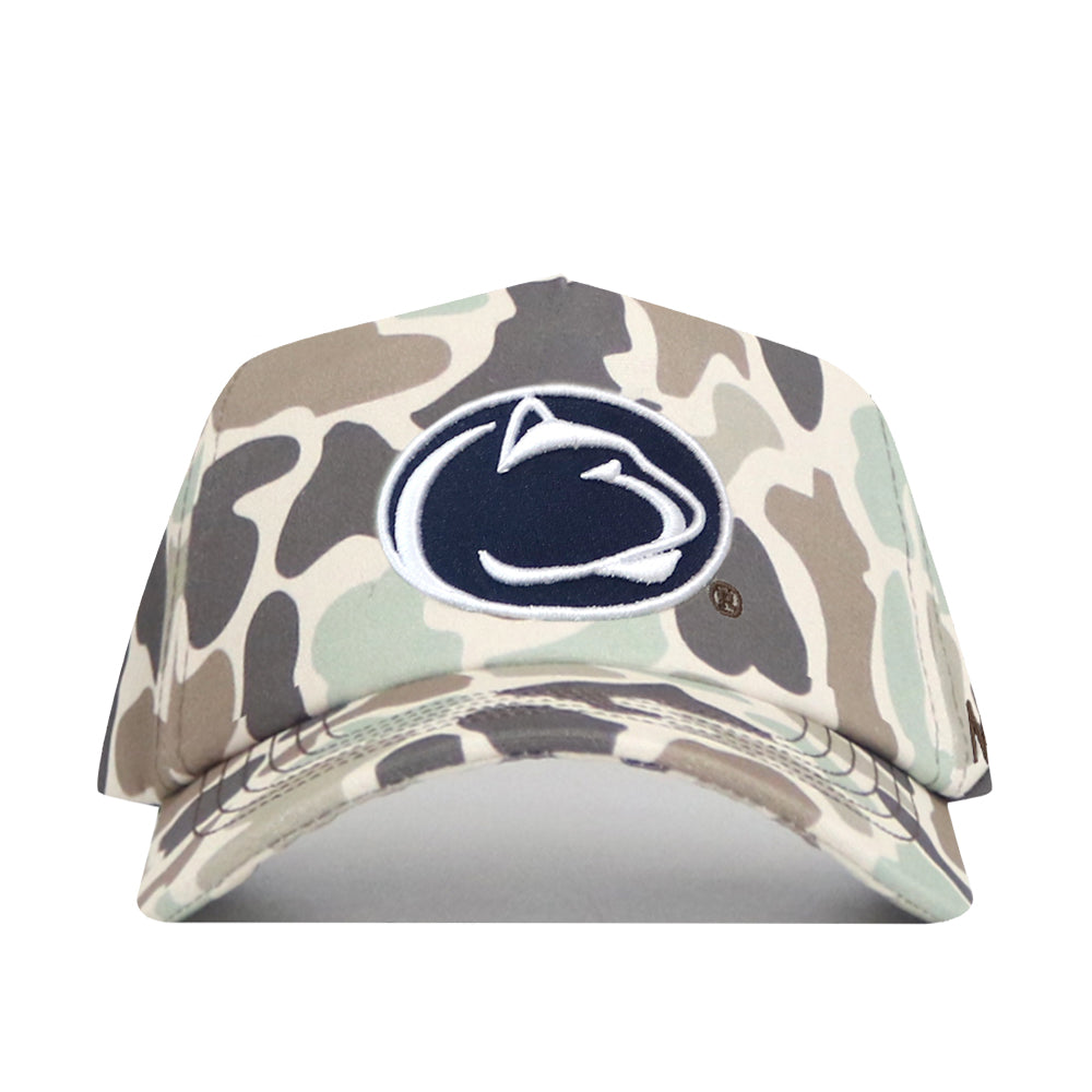 The No Rivals Penn State Nittany Lions Huntsman Hat features a camo design with the team's logo embroidered on the front. Made from high-quality cotton, it offers a structured fit and snapback closure, and is displayed against a white background.