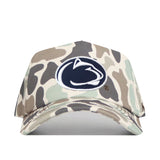 The No Rivals Penn State Nittany Lions Huntsman Hat features a camo design with the team's logo embroidered on the front. Made from high-quality cotton, it offers a structured fit and snapback closure, and is displayed against a white background.