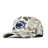 Introducing the Penn State Nittany Lions Huntsman Hat by No Rivals—a camouflage baseball cap showcasing a dark blue and white embroidered Penn State University logo on the front. This snapback hat features a structured fit and is expertly crafted from high-quality cotton, ensuring both comfort and durability.