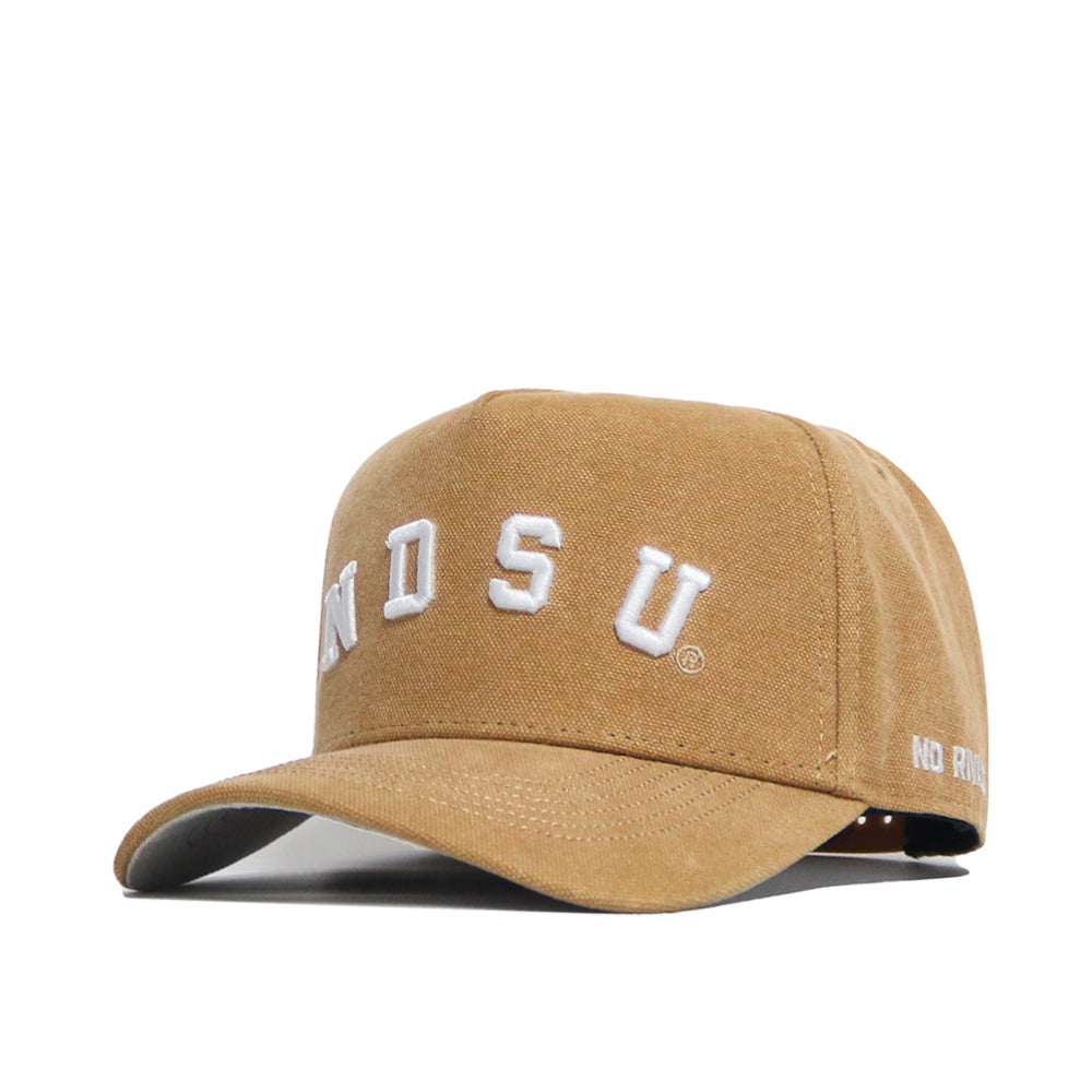 The No Rivals NDSU Rustic Hat is a brown cotton canvas baseball cap with white “NDSU” embroidery on the front and “NO RULES” on the side. This officially licensed hat features a curved brim and snapback adjustment for a perfect fit.
