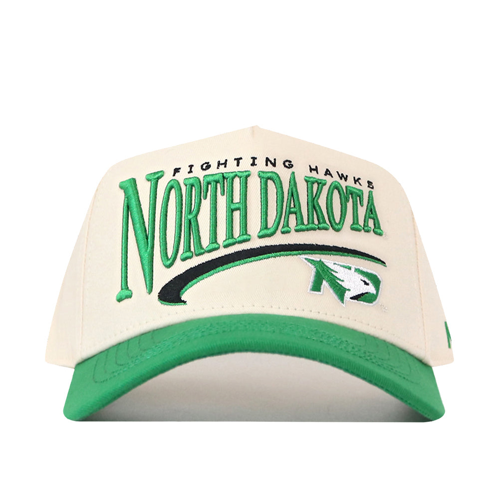 The No Rivals North Dakota Fighting Hawks Stride Hat is a cream and green snapback featuring an officially licensed embroidered University of North Dakota Fighting Hawks logo on the front.