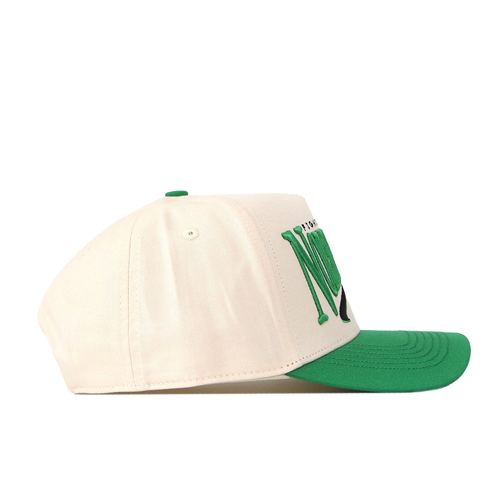 The No Rivals North Dakota Fighting Hawks Stride Hat is a white snapback cap featuring a green brim and green embroidered logos on the side. It is displayed from a side angle against a white background.