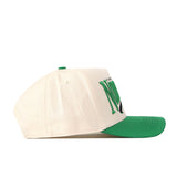 The No Rivals North Dakota Fighting Hawks Stride Hat is a white snapback cap featuring a green brim and green embroidered logos on the side. It is displayed from a side angle against a white background.