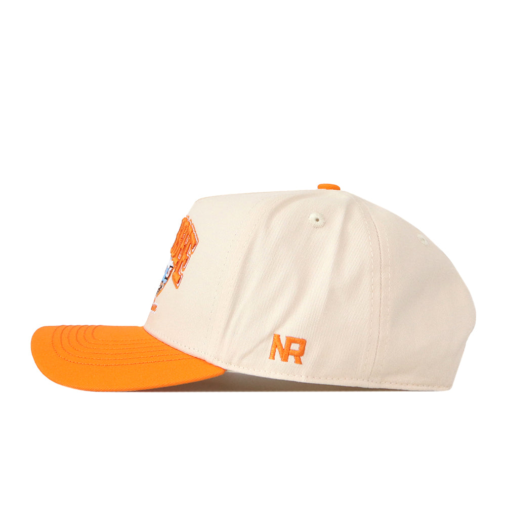 The Tennessee Volunteers Neyland Checkard Hat by No Rivals features a cream-colored snapback design with an orange brim and an embroidered NR logo on the side, making it perfect for finishing off your gameday outfit. It is showcased against a white background.