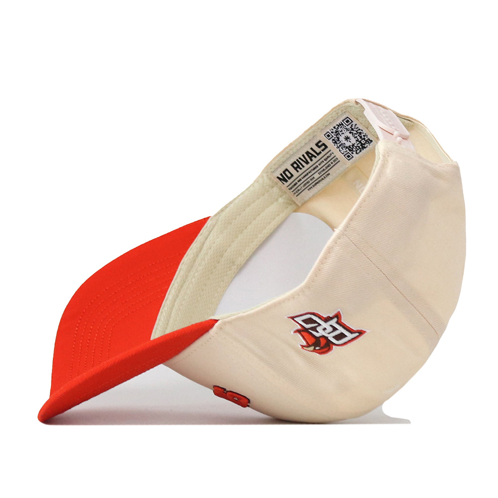 The Bowling Green State Falcons | Upside Down Falcons Hat - Classic Colors by No Rivals is shown upside down, revealing a logo with interlocking letters and a sword that represents the Bowling Green State Falcons. A QR code and a tag with text are visible inside the beige and red snapback cap.