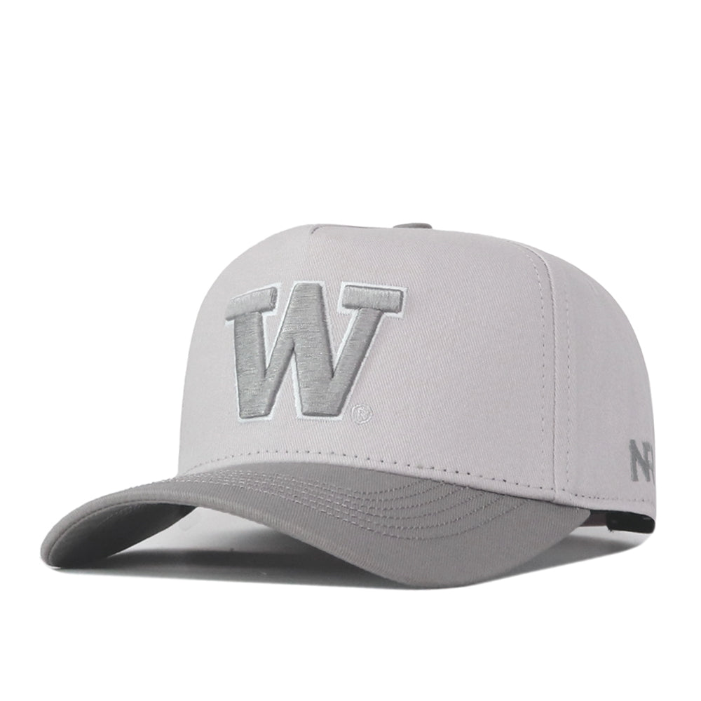 Show your Huskies pride with the No Rivals Washington Huskies Graphite Hat—a gray snapback featuring a bold silver W embroidered on the front and a small black No Rivals logo on the side, perfect for completing your gameday look.