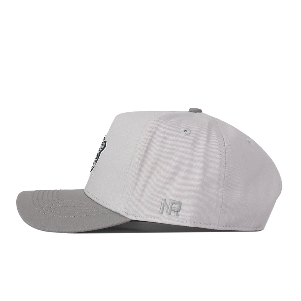 A graphite Florida Gators hat by No Rivals, featuring a slightly darker brim and viewed from the side. The embroidered NR logo in matching gray thread appears near the back of the cap, making it a perfect addition to your gameday fit.