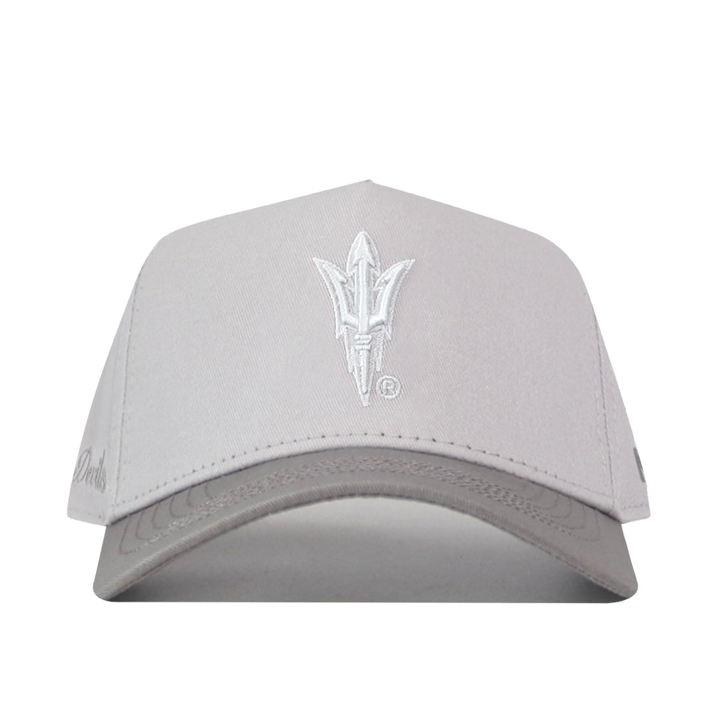 The Arizona State Graphite Hat by No Rivals features a light gray snapback design with an officially licensed white embroidered trident logo on the front, shown against a plain white background.
