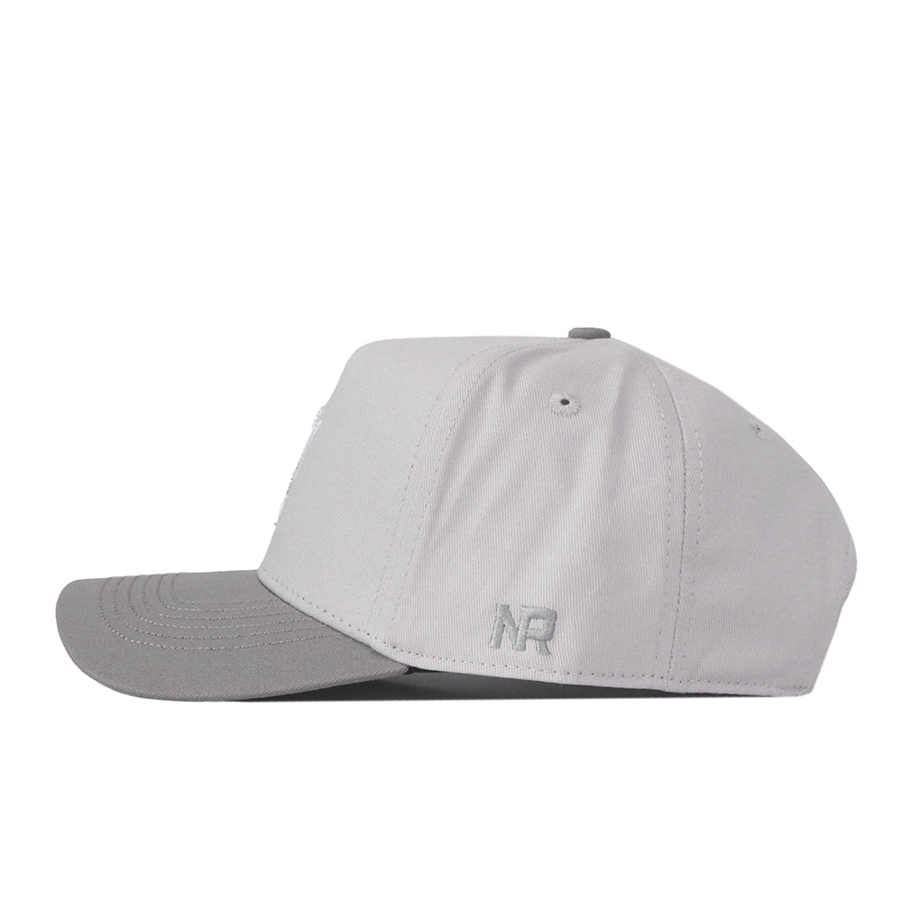 No Rivals Arizona State Graphite Hat, featuring a light gray design with a darker gray curved brim as seen from the side. This snapback cap has embroidered eyelets and “NR” initials stitched near the back.