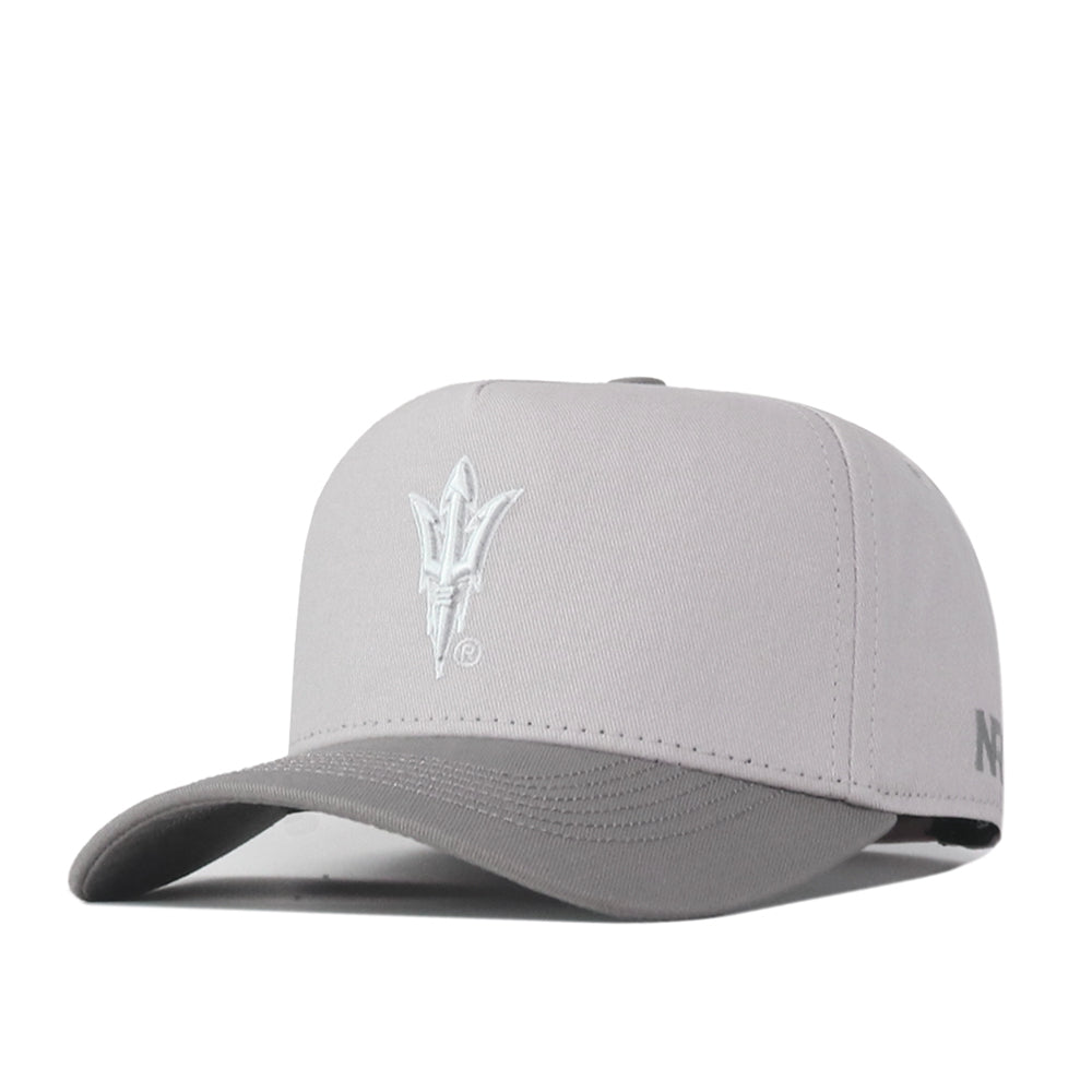 The No Rivals Arizona State Graphite Hat features a light gray design with a curved brim and an officially licensed, embroidered white trident logo on the front. Embroidered gray text accents the side of the cap, while a snap back closure offers an adjustable fit. The hat is displayed against a plain white background.
