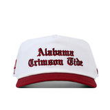 Alabama Old English Rope Hat, a white 5-panel cap featuring a maroon brim and the words Alabama Crimson Tide embroidered in maroon Old English lettering across the front.