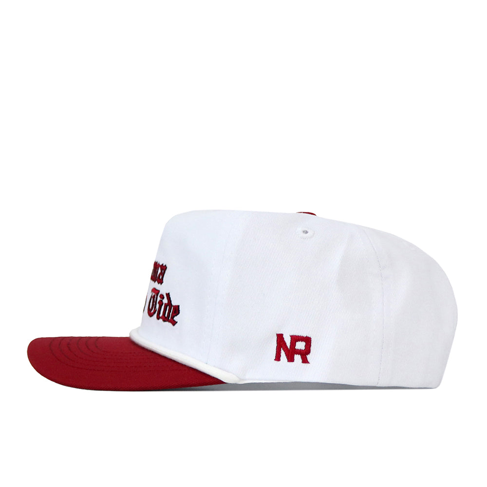 Side view of a white Alabama Old English Rope Hat, a 5-panel cap featuring a maroon brim, a rope detail, side embroidery, front text, and a snapback adjustment.