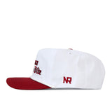 Side view of a white Alabama Old English Rope Hat, a 5-panel cap featuring a maroon brim, a rope detail, side embroidery, front text, and a snapback adjustment.