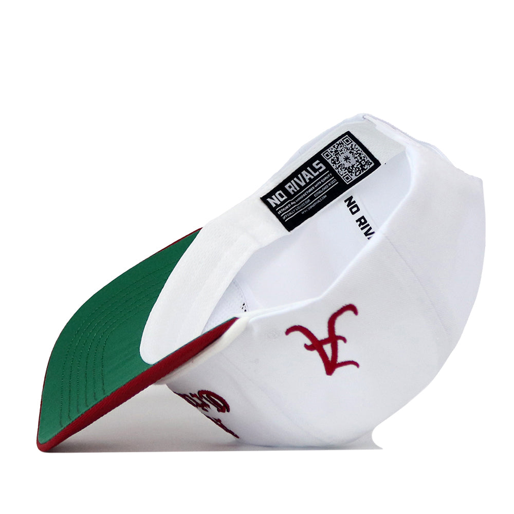 White 5-panel No Rivals Alabama Old English Rope Hat with a green brim, a red script letter A embroidered on the side, and a branded interior tag with a snap back adjustment.