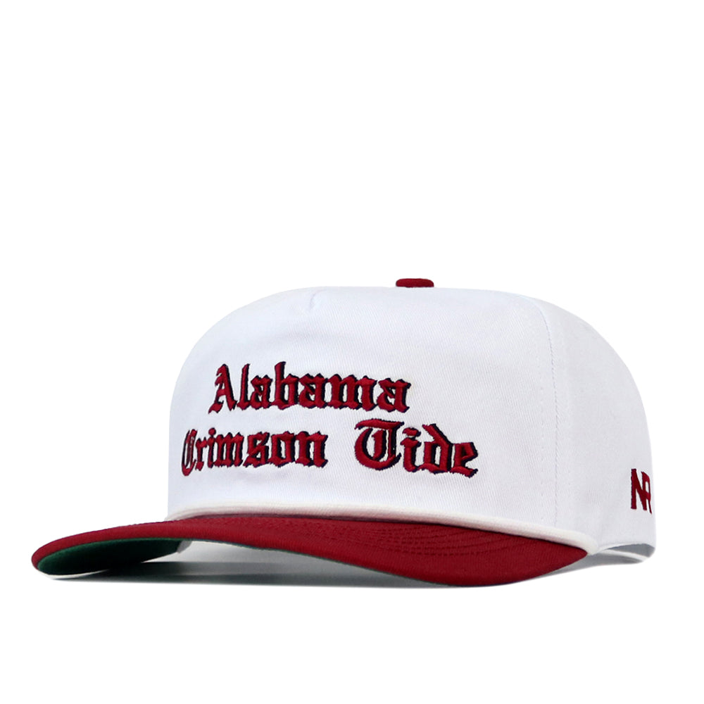 Alabama Old English Rope Hat, a white five-panel hat with a maroon brim, red Old English lettering, a white rope detail, and a snap back adjustment.