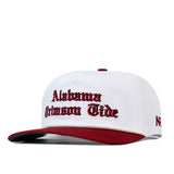 Alabama Old English Rope Hat, a white five-panel hat with a maroon brim, red Old English lettering, a white rope detail, and a snap back adjustment.