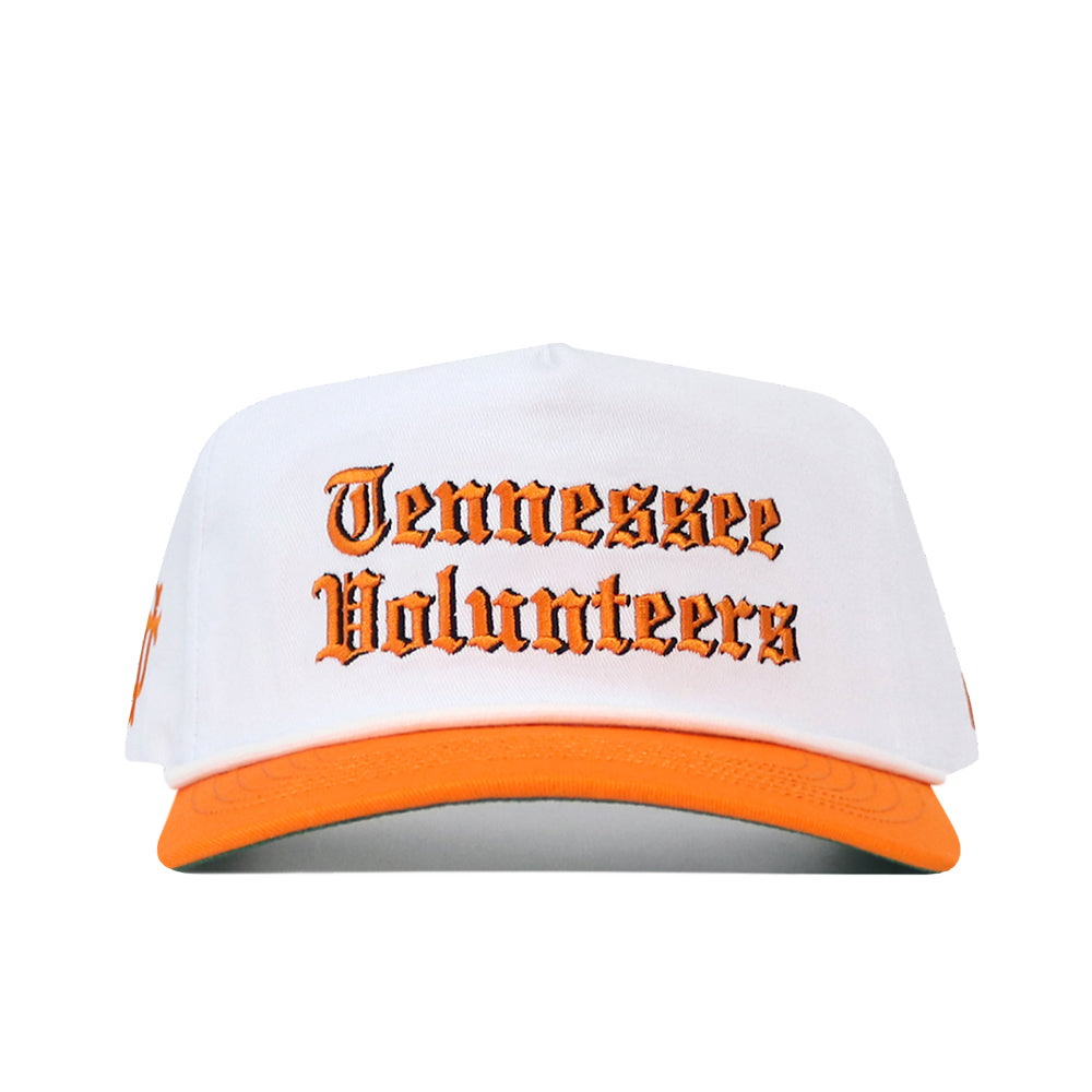 White No Rivals Tennessee Old English Rope Hat with an orange brim, Tennessee Volunteers embroidered in orange Old English font, and a snap back adjustment.